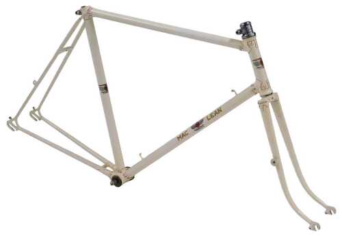 A Maclean Featherweight bicycle frame and fork set, with hand cut lugs, cream with red detailing...