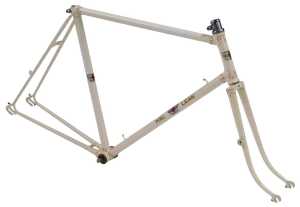A Maclean Featherweight bicycle frame and fork set, with hand cut lugs, cream with red detailing...