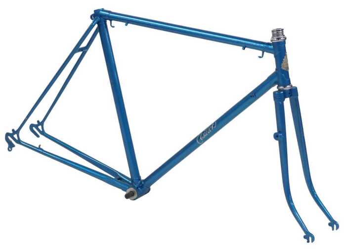 An Elswick bicycle frame and fork set, with Elswick head badge, shaped lugs, turquoise with...