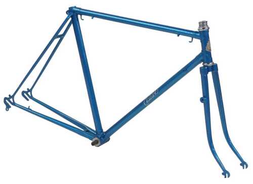 An Elswick bicycle frame and fork set, with Elswick head badge, shaped lugs, turquoise with...