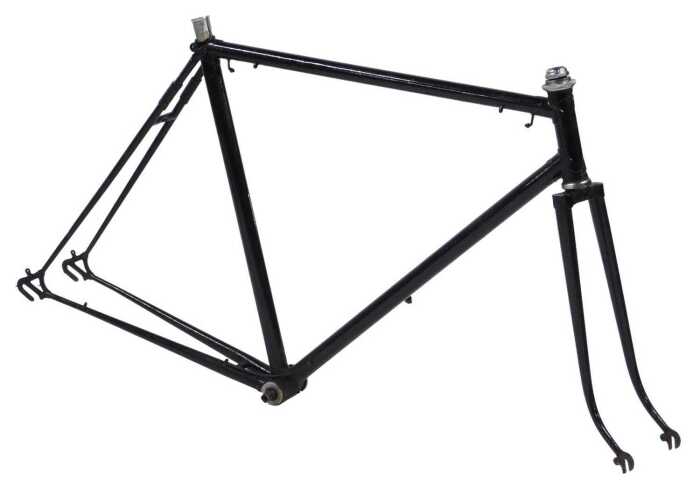 A black bicycle frame and fork set, with shaped lugs, headset and seat post.