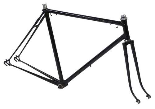 A black bicycle frame and fork set, with shaped lugs, headset and seat post.