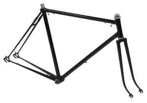 A black bicycle frame and fork set, with shaped lugs, headset and seat post.