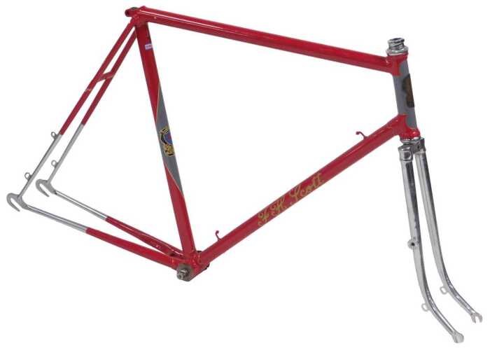 An FH Scott bicycle frame and fork set, with brass head badge, red and grey with chromed forks,...