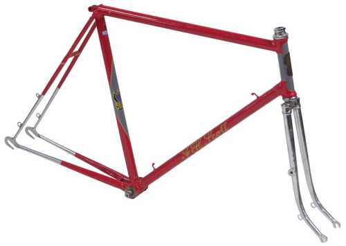 An FH Scott bicycle frame and fork set, with brass head badge, red and grey with chromed forks,...