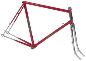 An FH Scott bicycle frame and fork set, with brass head badge, red and grey with chromed forks,...