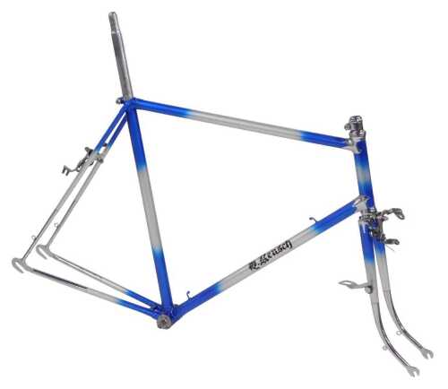 A D Rensch bicycle frame and fork set, with polished chromed head lugs, blue and grey metallic...