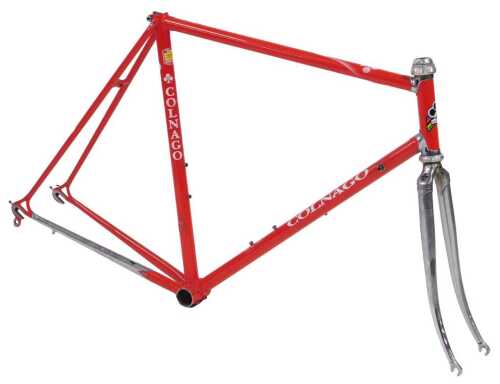 A Colnago bicycle frame and fork set, with Campagnolo Athena headset, shaped lugs, red with...