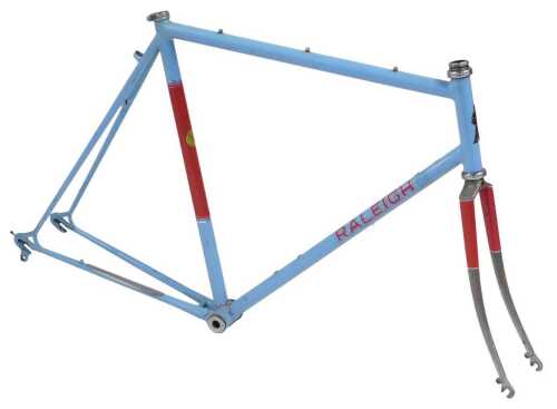 A Raleigh bicycle frame and fork set, with enamelled Paris head badge, chromed forks and chromed...