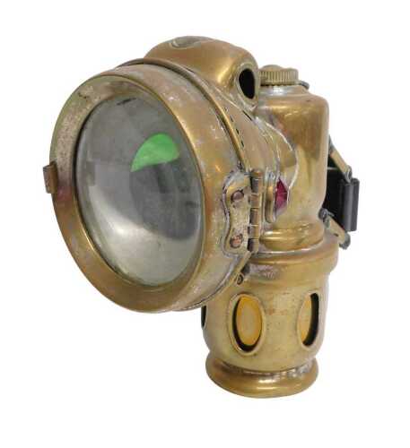 A Powell and Hanmer Ltd Birmingham brass finish carbide/acetylene bicycle lamp, each side inset...