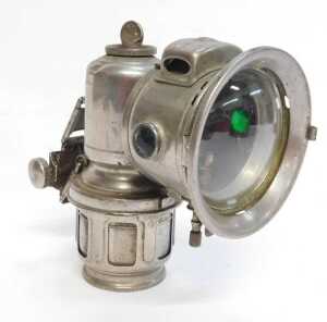 A Lucas Galcia Major carbide/acetylene bicycle lamp, set with faceted red and green glass... - 4