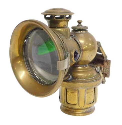 A Joseph Lucas Ltd Birmingham 260E Colonia brass effect carbide/acetylene bicycle lamp, inset...