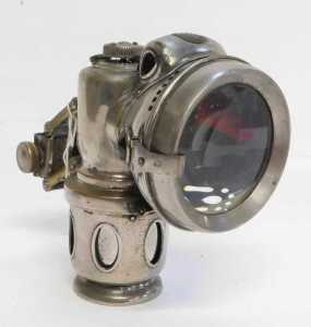 A Powell and Hanmer Birmingham carbide/acetylene bicycle lamp, inset with faceted red and green... - 4