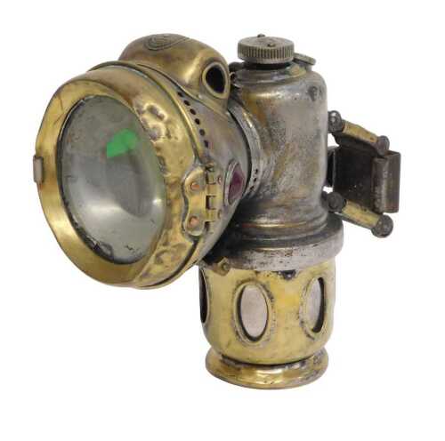 A Powell and Hanmer Ltd Birmingham Chieftain part brass effect carbide/acetylene bicycle lamp,...