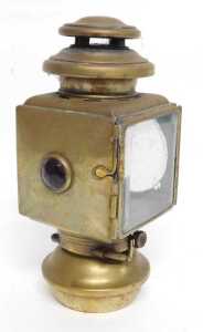 An E&J Detroit brass effect car paraffin side light, inset with a faceted red glass roundel,... - 3