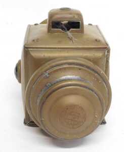 An E&J Detroit brass effect car paraffin side light, inset with a faceted red glass roundel,... - 4