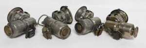 Four Powell and Hanmer Ltd Birmingham carbide/acetylene bicycle lamps, each inset with red and... - 5