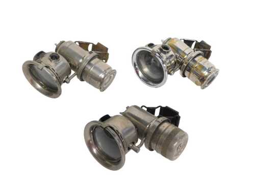 Three Joseph Lucas Ltd Birmingham carbide/acetylene bicycle lamps, two for Calcia Cadet, inset...