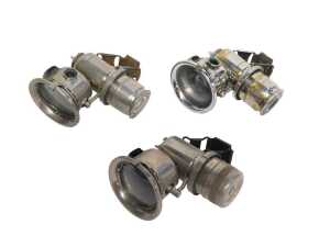 Three Joseph Lucas Ltd Birmingham carbide/acetylene bicycle lamps, two for Calcia Cadet, inset...