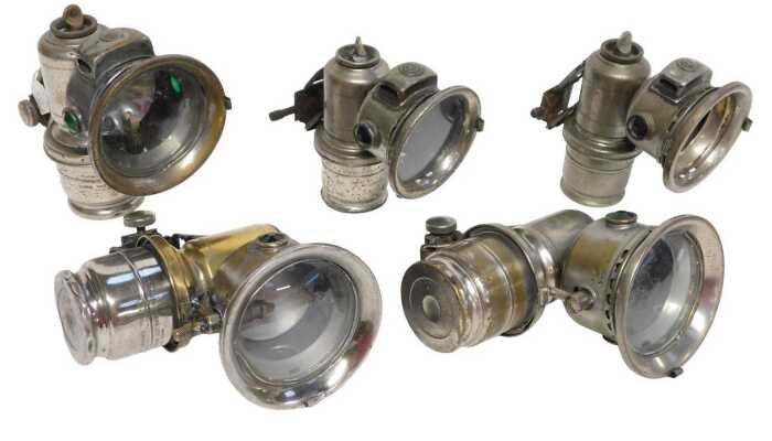 Five Joseph Lucas Ltd Birmingham carbide/acetylene bicycle lamps, three Calcia Club examples,...