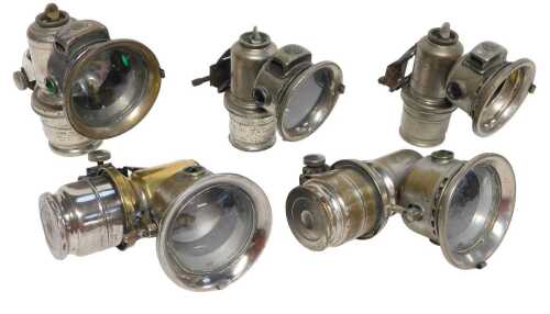 Five Joseph Lucas Ltd Birmingham carbide/acetylene bicycle lamps, three Calcia Club examples,...