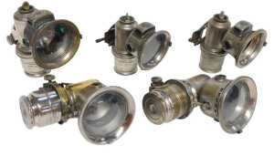 Five Joseph Lucas Ltd Birmingham carbide/acetylene bicycle lamps, three Calcia Club examples,...