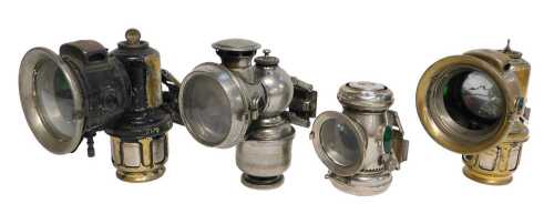 Four Joseph Lucas Ltd Birmingham carbide/acetylene bicycle lamps, comprising a Calcia Major...
