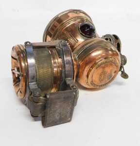 A Twentieth Century American copper and brass carbide/acetylene bicycle lamp, inset with green... - 6