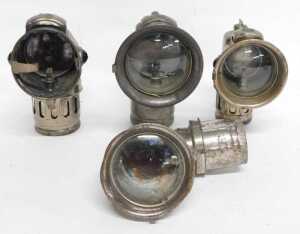 Four Miller Bola carbide/acetylene bicycle lamps, each inset with faceted green glass roundels,... - 3