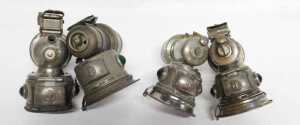 Four Miller Bola carbide/acetylene bicycle lamps, each inset with faceted green glass roundels,... - 5