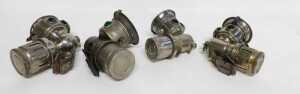 Four Miller Bola carbide/acetylene bicycle lamps, each inset with faceted green glass roundels,... - 6