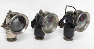 Three Powell and Hanmer Ltd Birmingham carbide/acetylene bicycle lamps, two painted black, each... - 4