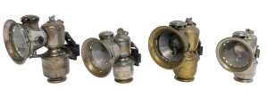 Four Joseph Lucas Ltd Birmingham Aceta carbide/acetylene car lamps, two No. 316, 14cm high, and...