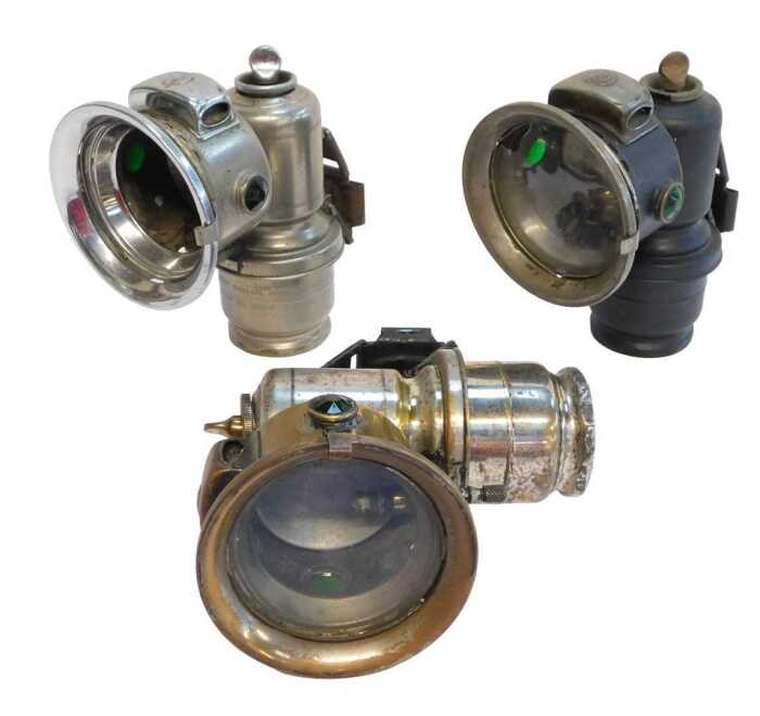 Three Joseph Lucas Ltd Birmingham Calcia Club carbide/acetylene bicycle lamps, each inset with...