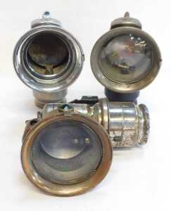 Three Joseph Lucas Ltd Birmingham Calcia Club carbide/acetylene bicycle lamps, each inset with... - 3