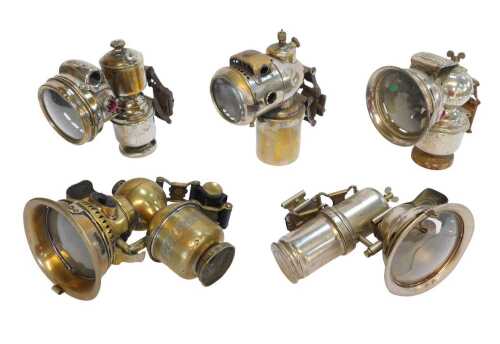 Five carbide/acetylene and other bicycle lamps, comprising Luxor, Lucca, Mira, Millers, Cetalite,...
