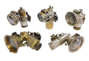 Five carbide/acetylene and other bicycle lamps, comprising Luxor, Lucca, Mira, Millers, Cetalite,...