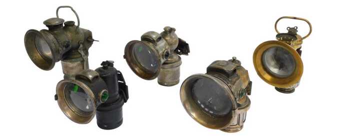 Five carbide/acetylene bicycle lamps, comprising two for Miller Bola, King of the Road, and two...
