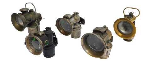 Five carbide/acetylene bicycle lamps, comprising two for Miller Bola, King of the Road, and two...
