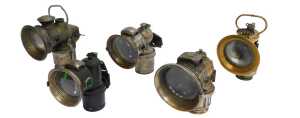 Five carbide/acetylene bicycle lamps, comprising two for Miller Bola, King of the Road, and two...
