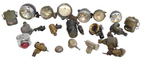 A group of bicycle-related items, to include Miller lamps, a No. 1215 rear lamp, further rear...
