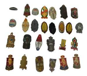 Bicycle head badges, including Falcon, Claud Butler, Dawes, BSA, New Hudson Ltd, Hetchins, W F...