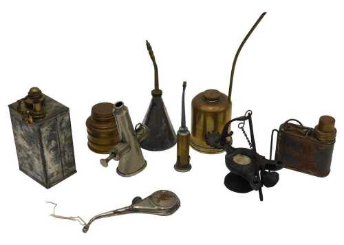 Various oil cans, including a Britoil can, a hanging oil lamp, a gamekeeper's horn, etc. (a...