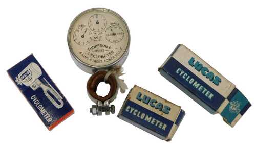 Various cycle meters, including a Thompson Patent cyclometer, Lucas cyclos meters, and another. (4)
