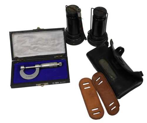 Two Arieze bakelite bicycle pumps, a North 25mm Sterling calliper, and a leather handlebar bag. (4)