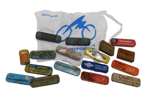 Various cycle repair outfit tins, including Bridgeport, Britannia, Schreider, John Bull Tyres,...