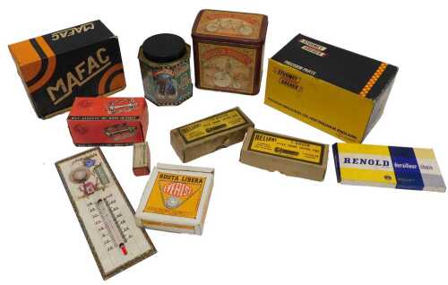 Bygone bicycle part boxes, for Zenith Corsa pedals, Reliant cycle crank cotter pins, Cami...