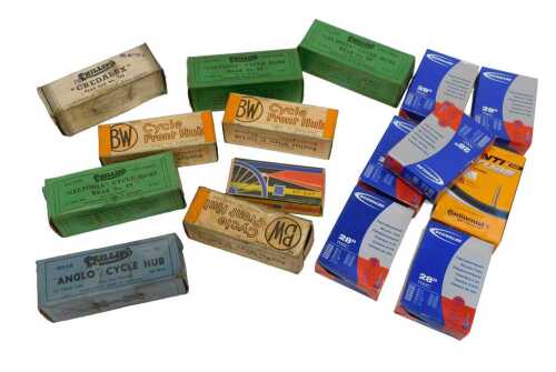 Various cycle hubs and inner tubes, including Phillips Calitonia Cycle Hubs Rear No. 39,...