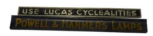 A Powell & Hanmers Lamps advertising sign, and a Use Lucas Cyclealities advertising sign. (2)