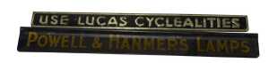 A Powell & Hanmers Lamps advertising sign, and a Use Lucas Cyclealities advertising sign. (2)